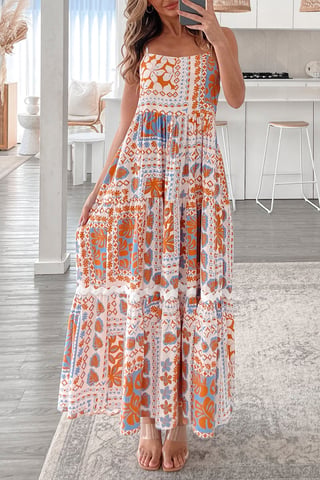 Stufen Maxi Kleid mit Patchwork-Druck