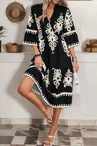 Blumendruck Stufen-Midi-Kleid