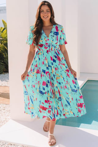 Abstrakt Druck Midi Kleid mit Flatterärmeln