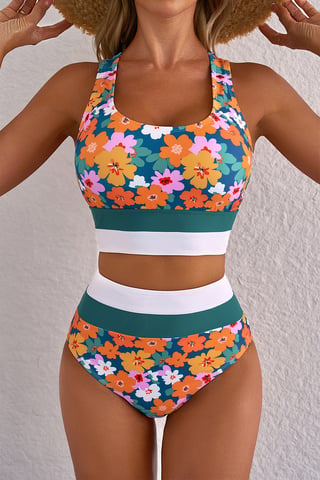 Blumen Hochbund Bikini Badeanzug