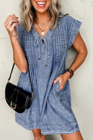 Denim-Kleid Lässig Rundhalsausschnitt Mini