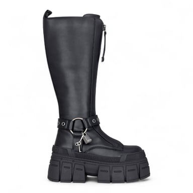 Buffalo Damen Biker-Kniehohe schwarze Chunky-Gothic-Plateau-Stiefel - Gospher Hi