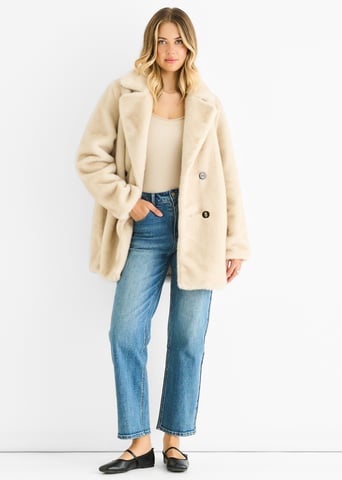Beige Kunstpelz Doppelreihige Langarmjacke