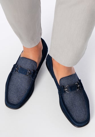 Wittchen Herren-Mokassins aus marineblau kariertem Stoff mit Wildleder