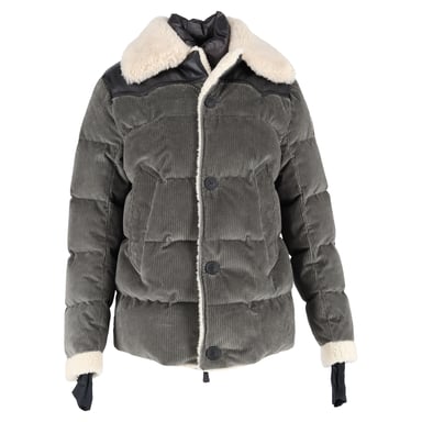 Moncler Roubion Jacke mit Lammfellbesatz aus grauer Baumwolle
