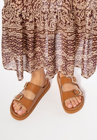 Wittchen Damen-Flip-Flops aus Leder mit Metalldetails, braunes Naturleder