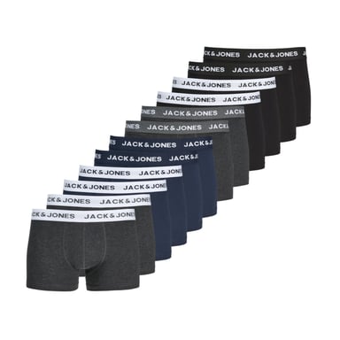 Herren-Boxershorts 12er-Pack Jacsolid der Marke Jack & Jones.  Marke: Jack & JonesModellname: 12er-Pack JacsolidKategorie: Herren-BoxershortsMaterialien: Baumwolle, ElasthanFarben: schwarz, blau, grau, weiß