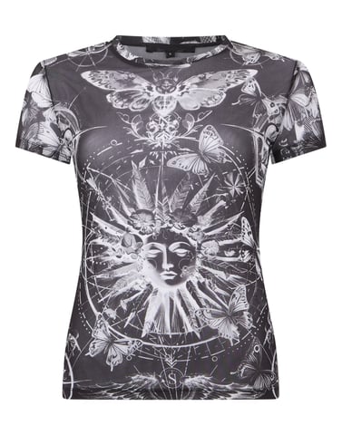 Philipp Plein Tüll-T-Shirt, körpernah mit Schmetterling-Tattoo-Detail - Schwarz