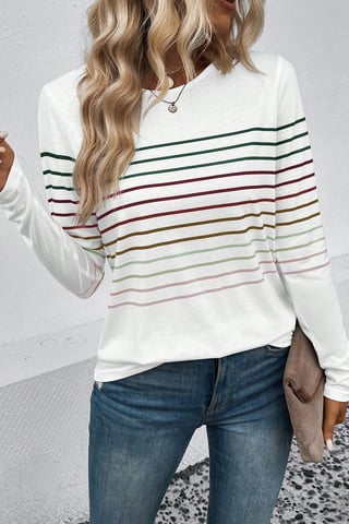 Mehrfarbiger gestreifter Rundhalsausschnitt Langarm-Shirt