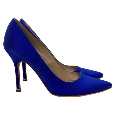 Vetements x Manolo Blahnik Signierte Spitzensandalen aus blauer Satin