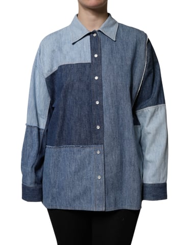 Patchwork-Denim-Hemd mit langen Ärmeln
