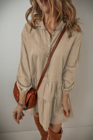 Beige Puffärmel Knopf-gestuftes Faltenhemd Mini Kleid