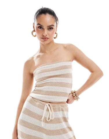 ASOS DESIGN virkad randig ärmhell top co ord i sten