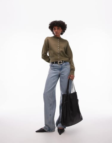 Topshop stickad komprimerad passande midjekort cardigan i khaki