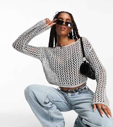 ASOS DESIGN metallisk öppen stickad topp med änglavingar i silver