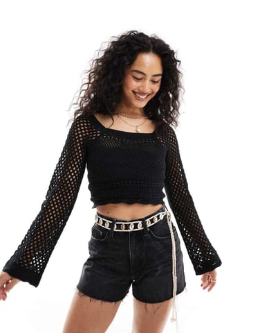 Miss Selfridge virkad fyrkantig halsringningstopp i svart
