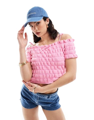 ASOS DESIGN stickad skjord bardot-top med knytrem och rosett detaljer i rosa