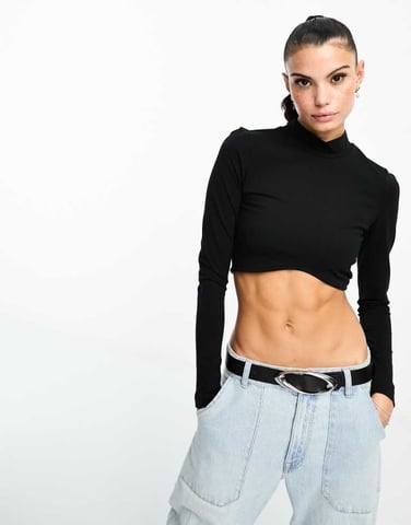 Dr Denim Lizzie hög mock neck långärmad crop top i svart