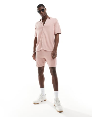 ASOS DESIGN medeltunga stickade bomullsshortsen koord i rosa