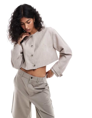 ASOS DESIGN kortärmad jacka utan krage i linnelook i havre