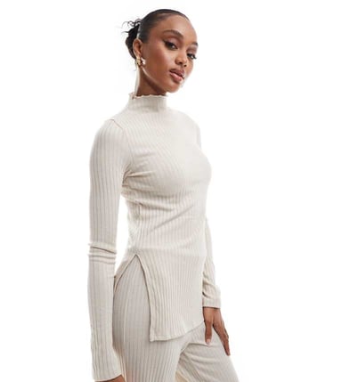 Vero Moda Tall ribbjersey lång topp set i sten