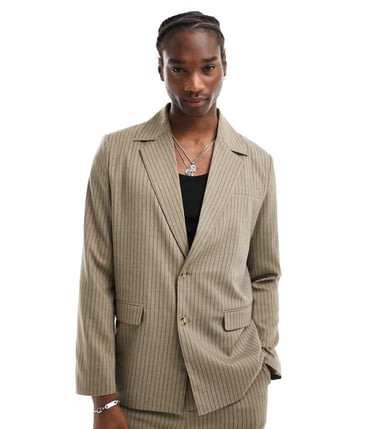 Återvunnen vintage kavaj i beige randig co-ord