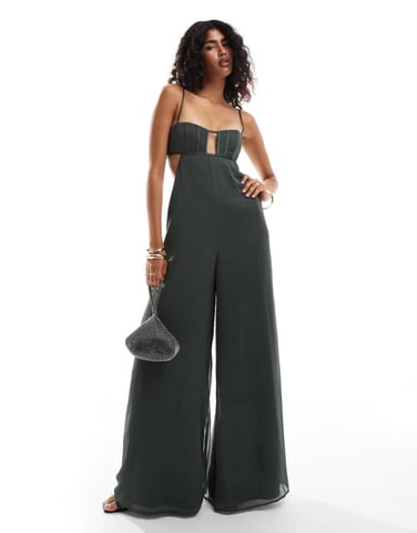 ASOS DESIGN satinkorsett med detaljer, urtagna i vida chiffonjumpsuit i grön
