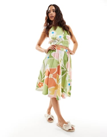 ASOS DESIGN bomulls midi kjol i ljus abstrakt blommönster koord