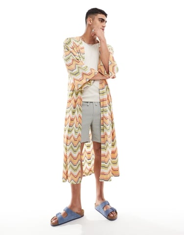 ASOS DESIGN kimono i persika och limegrön virkad randig stickning