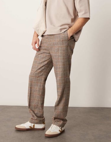 ASOS DESIGN smart hög midja raka ben ullblandning byxor i brun rutigt
