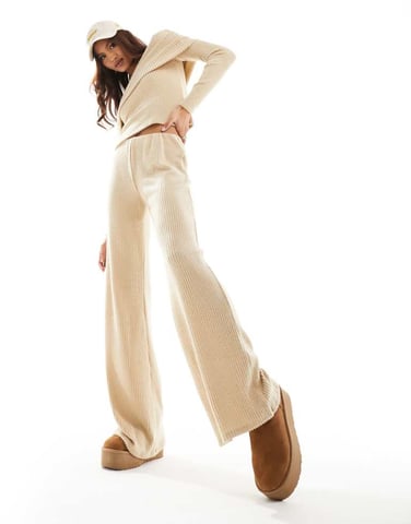 ASOS DESIGN matchande ribbad vidbyxa i sand