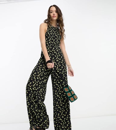 Återvunnen vintage ärmlös jumpsuit i svart blommönster
