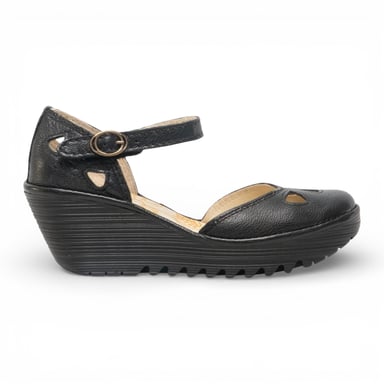 Fly London Damen-Keilsandalen „Yuna“ aus schwarzem Leder