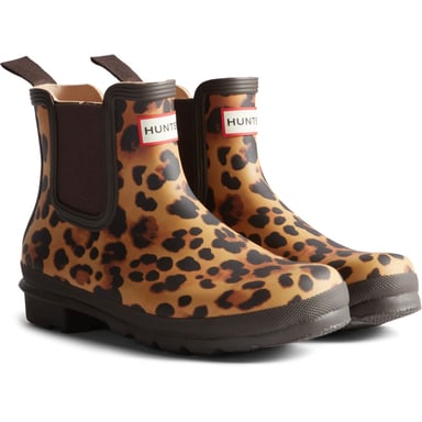 Hunter Original Chelsea Leopard Print Boot Rubber Women's Leopard Print/Chocolate Brown Wellington Boots