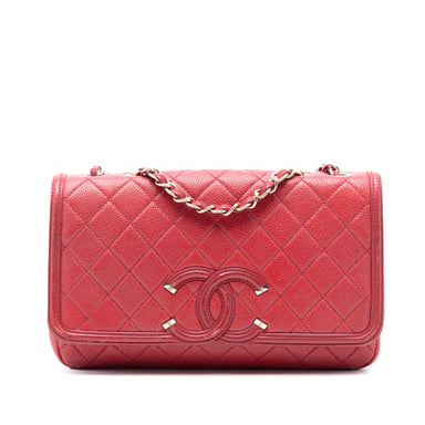 Chanel Pre-owned Gebrauchtes gefüttertes, mittelgroßes Steppmuster-CC-Flap aus Kaviarleder - Rot