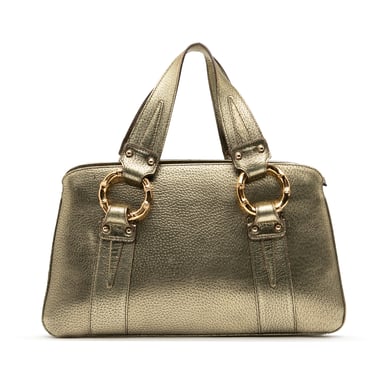 Gebrauchte metallische Kalbsleder Handtasche mit Bambusgriff