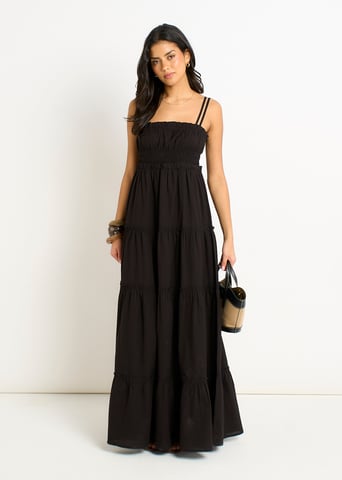 Schwarzes Maxikleid aus Baumwolle mit gerafften Trägern und Schlagseite