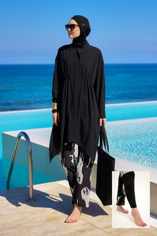 Schwarzes Premium-Badebekleidungsset mit asymmetrischem Schnitt und vollständiger Abdeckung