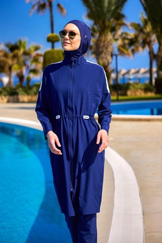 Marineblaues Burkini-Set mit vollständiger Abdeckung und bescheidener Badebekleidung