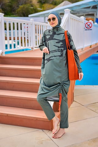 Khakifarbenes Burkini-Set mit vollständiger Abdeckung und bescheidener Badebekleidung