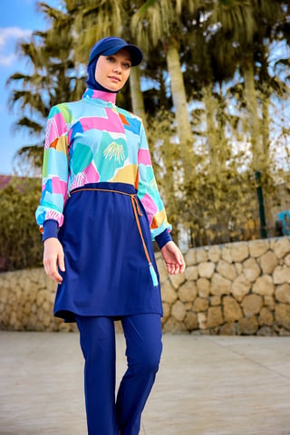Marineblaues Burkini-Set mit vollständiger Abdeckung für islamische Badebekleidung