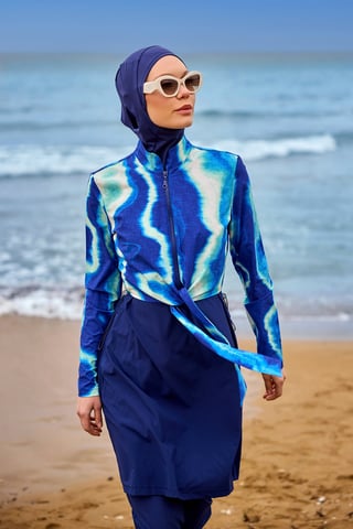 Marineblaues Burkini-Set mit vollständiger Abdeckung und bescheidener Badebekleidung