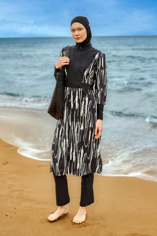 Schwarzes Burkini-Set mit vollständiger Abdeckung für Badebekleidung