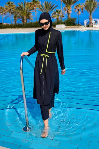 Schwarzes Burkini-Set mit vollständiger Abdeckung und bescheidener Badebekleidung