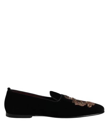 Dolce & Gabbana Schwarze Samt Goldene Krone Herren Slipper Schuhe