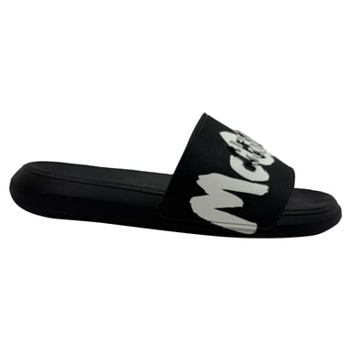 Alexander McQueen Graffiti Logo Slide Sandalen aus schwarzem Gummi