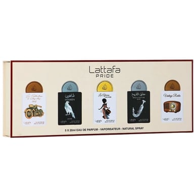 Lattafa Geschenkset Kollektion 5 x 20ml (Shaheen Silber, La Collection D'Antiquites 1910, Vintage Radio, Ishq Al Shuyukh Silber, La African Drummer)