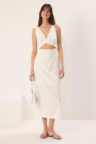 ecrufarbenes, gerades, ärmelloses Midikleid für Damen, lässig/alltagstauglich
