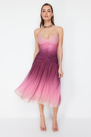 Damen Farbverlauf Midi Spaghetti-Träger Cocktailkleid in taillierter Passform