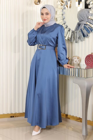 Mit Gürtel Satin Abendkleid Blau